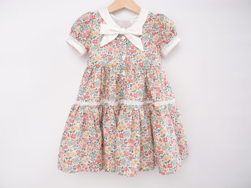 toddler girl dress designer cotton bow collar puff sleeves tiered skirt flower pattern