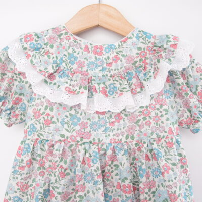 toddler girl dress with ruffle at the front and embroidered lace handmade