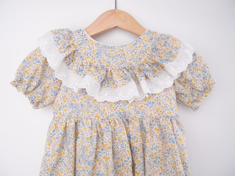 toddler girl dress yellow flowers special occasion ruffle at the front embroidered lace