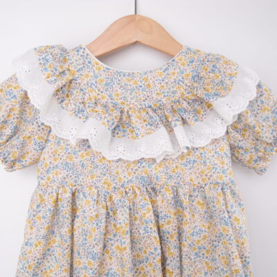 toddler girl dress yellow flowers special occasion ruffle at the front embroidered lace