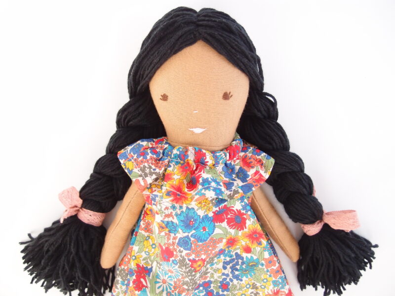 Handmade soft doll in Liberty print pinafore