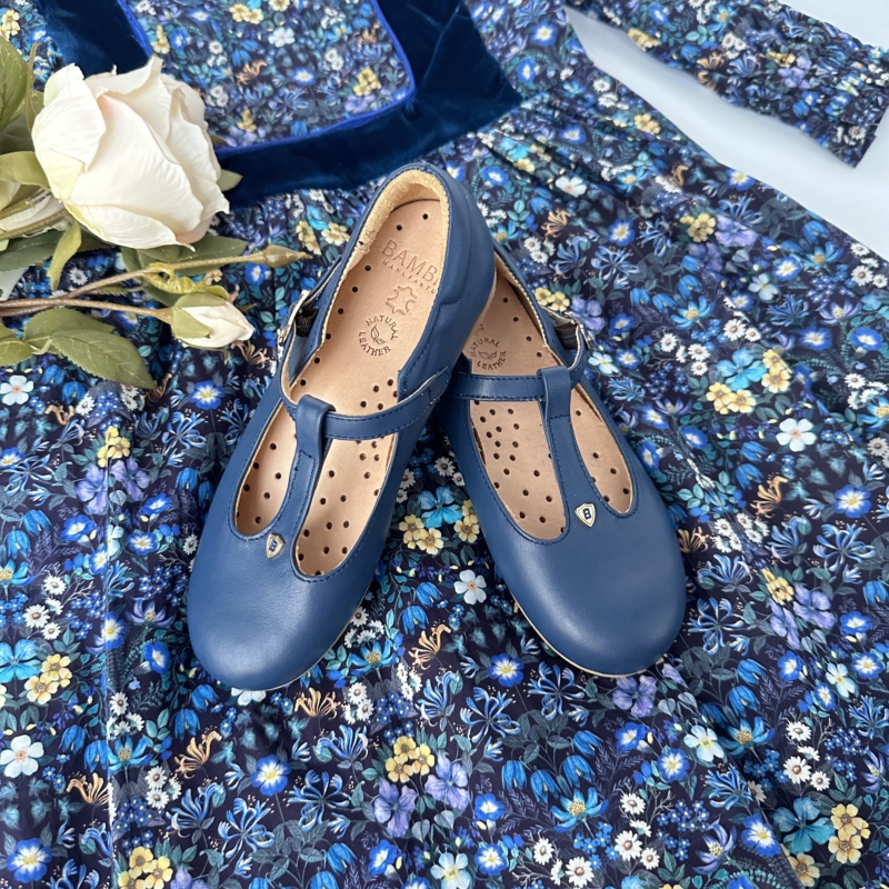 leather retro blue ballerina shoes for girl