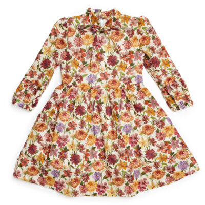 floral girl dress with standing collar and long sleeves
