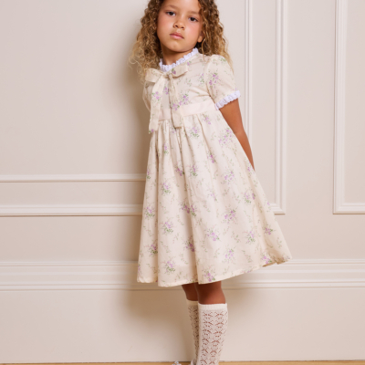 traditional floral girl dress bridgerton inspired with white lace and bow