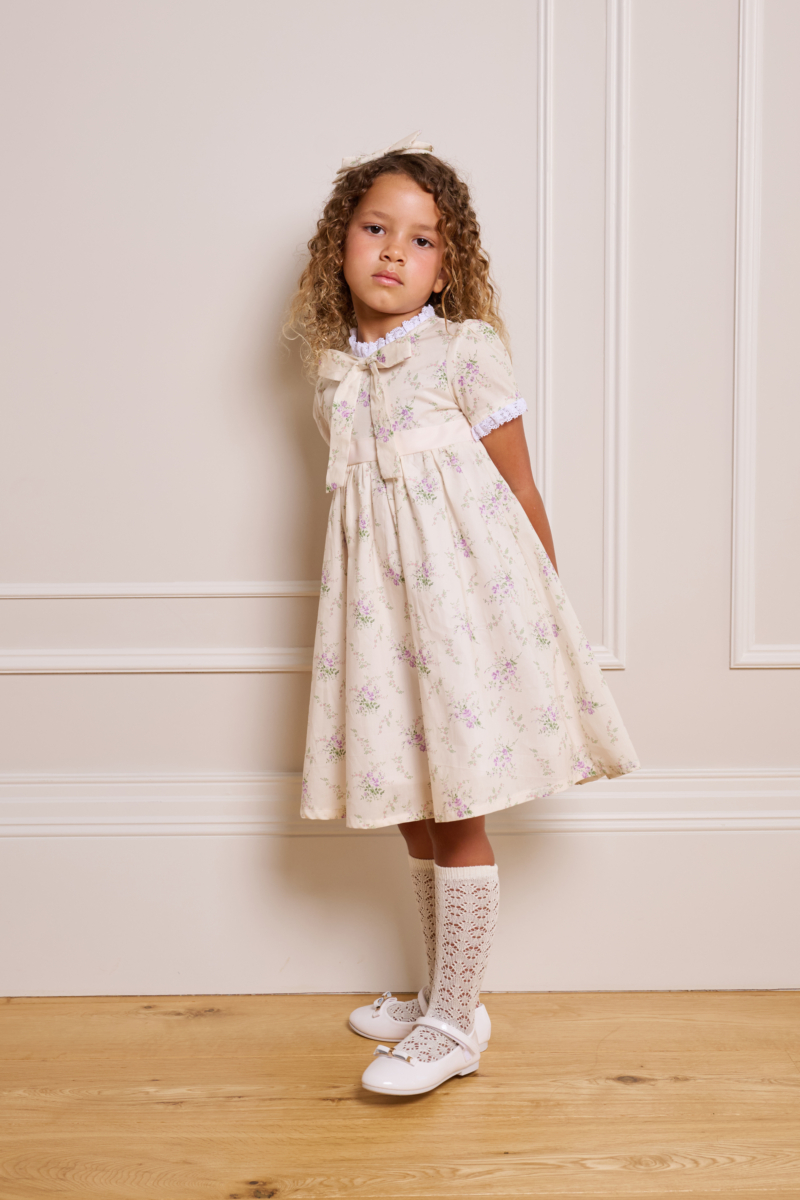 traditional floral girl dress bridgerton inspired with white lace and bow