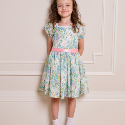 daphne dress floral green kids dress with bow blush satin and white lace