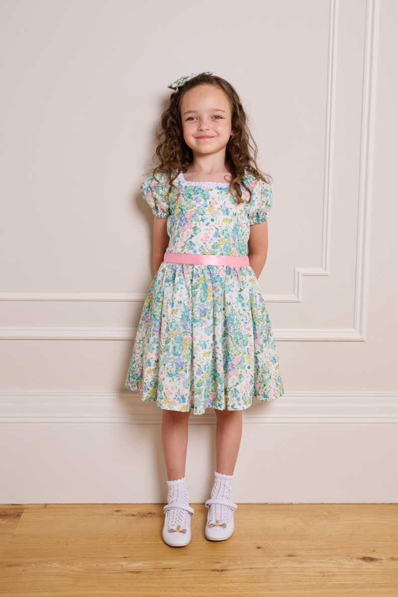 daphne dress floral green kids dress with bow blush satin and white lace