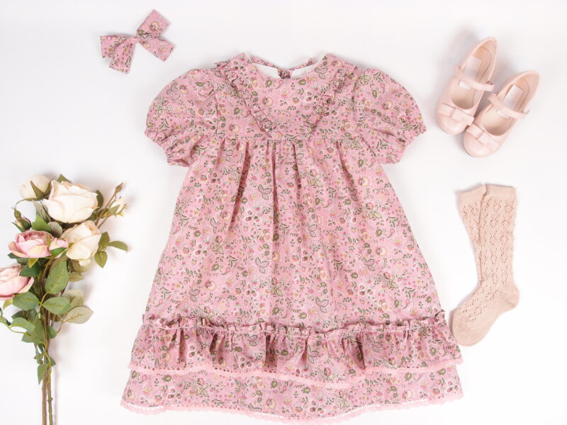 baby girl dress with puff sleeves blush pink liberty of london cotton