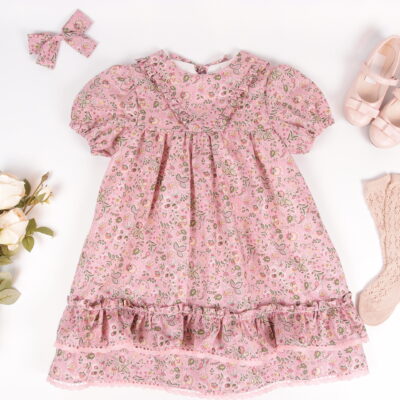 baby girl dress with puff sleeves blush pink liberty of london cotton