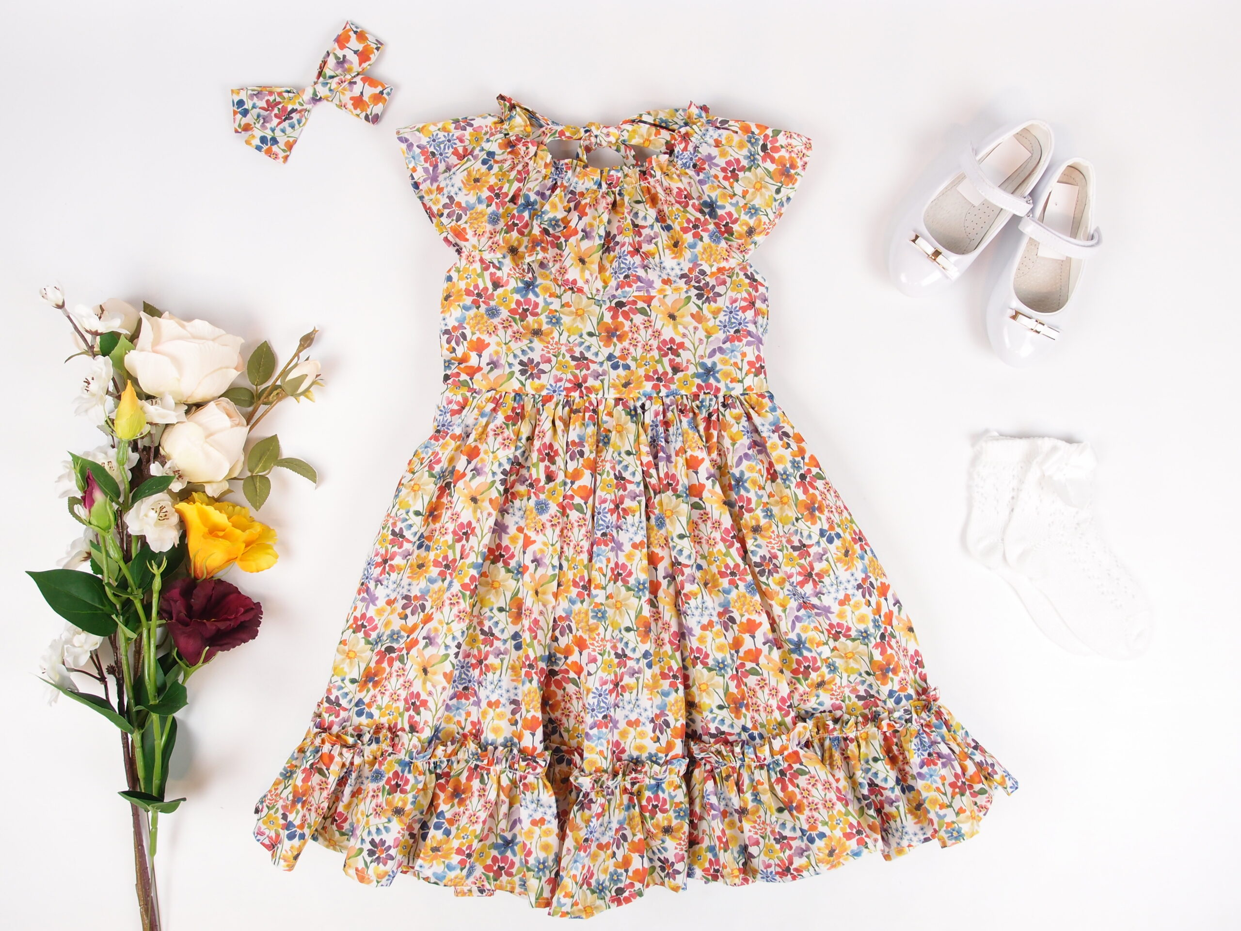 floral girl dress with ruffles at neckline liberty fabric