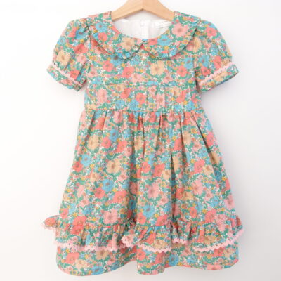 toddler girl dress with tucks and collar green red and yellow flowers