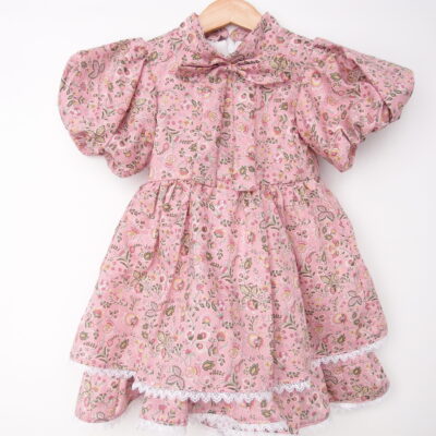 blush pink girl dress with bubble sleeves bow standing collar and white lace liberty fabric