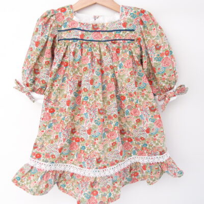 floral girl dress with long sleeves and bows and white lace