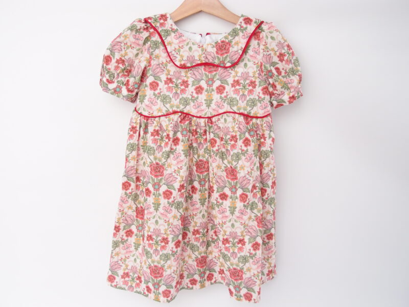red floral girl dress handmade for christmas wavy collar with piping and short sleeves with buttons