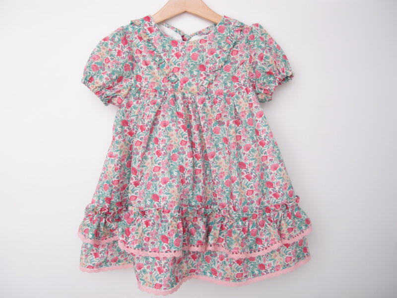 toddler girl dress pink flowers short bubble sleeves with pink lace