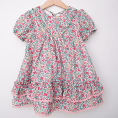 toddler girl dress pink flowers short bubble sleeves with pink lace