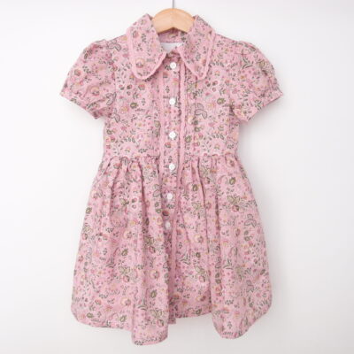 button front short sleeves pink dress for girls with collar