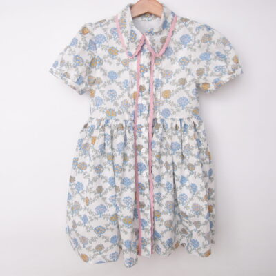 button front short sleeves white blue flowers dress for girls with collar
