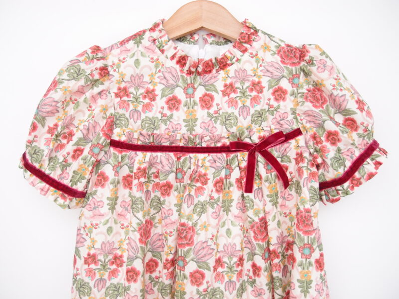 floral girl toddler dress with short sleeves ruffles and burgundy velvet bow