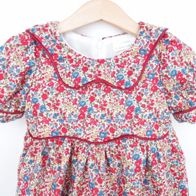 red floral girl dress handmade for christmas wavy collar with piping and short sleeves with buttons