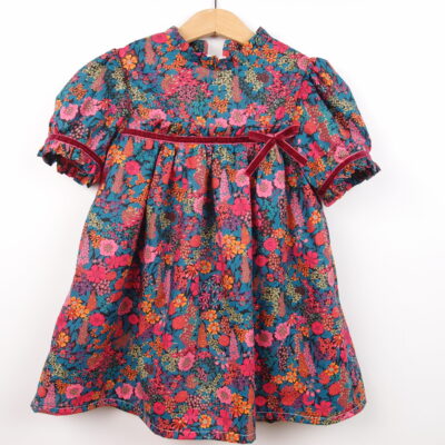 floral girl toddler dress with short sleeves ruffles and burgundy velvet bow