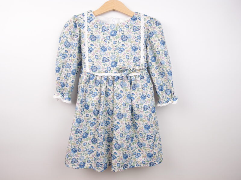 long sleeve blue winter toddler dress with bow and white lace