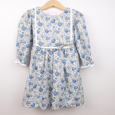 long sleeve blue winter toddler dress with bow and white lace