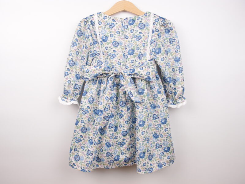 blue flowers toddler dress long sleeve with lace and bow handmade liberty fabric