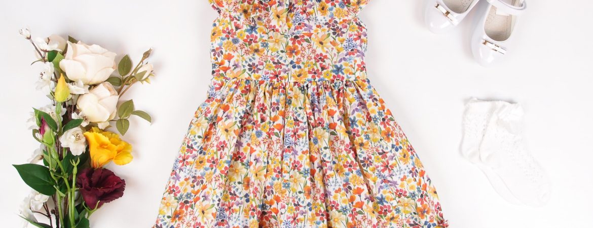 floral girl dress with ruffles at neckline liberty fabric